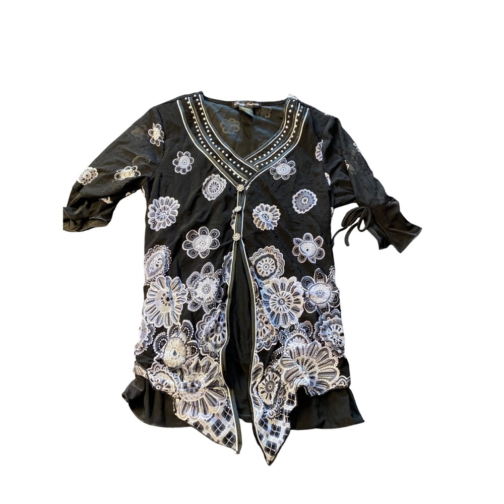 Simply Irresistible Black Floral Embellished fairy V Neck Top Medium